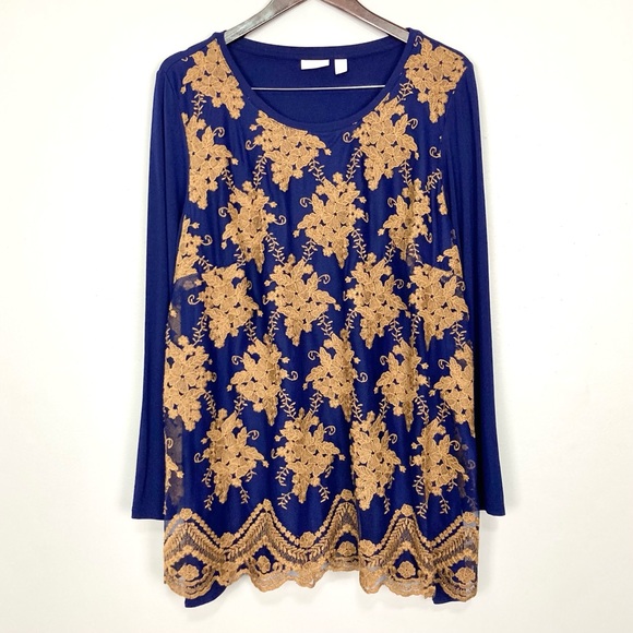 LOGO Lavish Floral Embroidered Tunic Scallop Hem